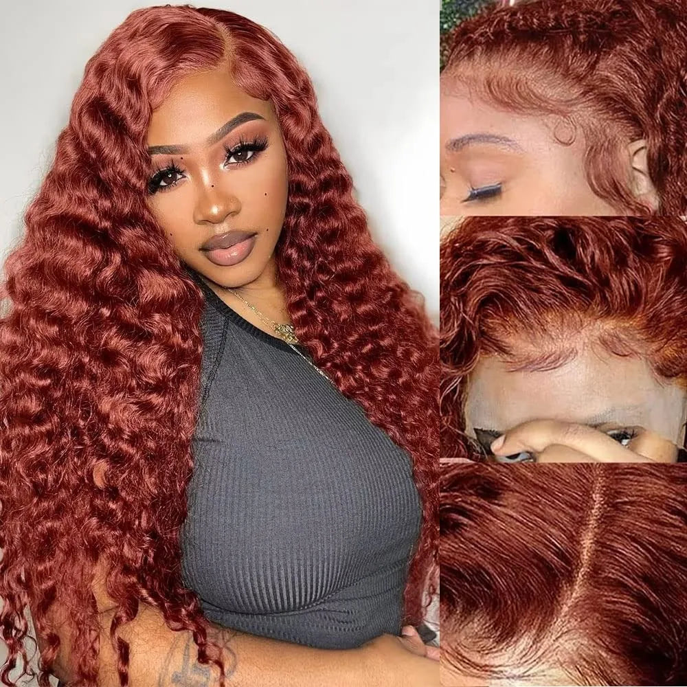 Reddish Brown HD Lace Frontal Human Hair Wig 250 Density Colored Curly Wigs 13x6 Transparent Lace Water Deep Wave Frontal Wig